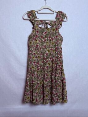 Maurices Floral Mini Dress M Olive Green Pink Ruffle Strap Tiered Boho Fairy NWT